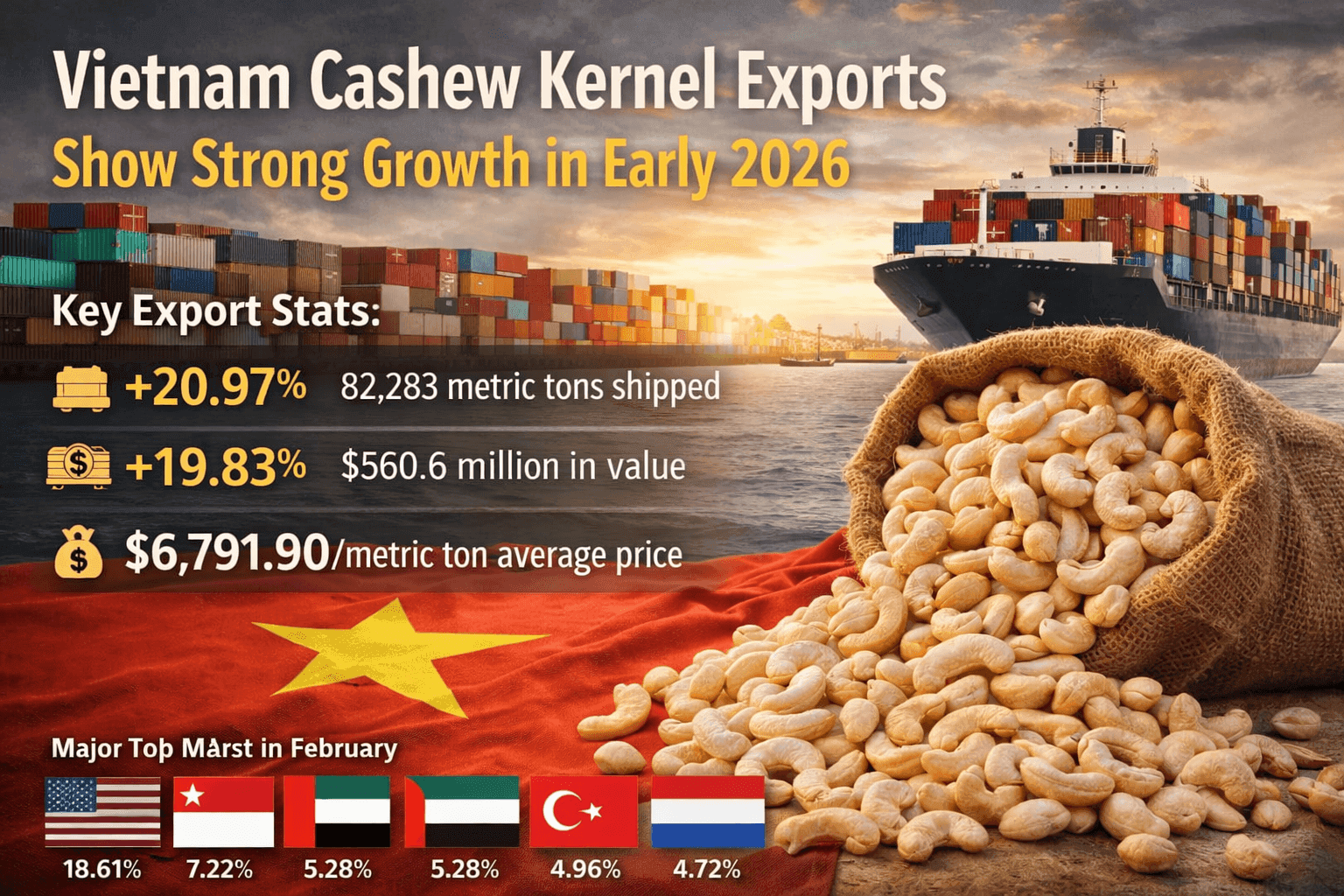 Vietnam Cashew Kernel Exports Show Strong Growth in Early 2026