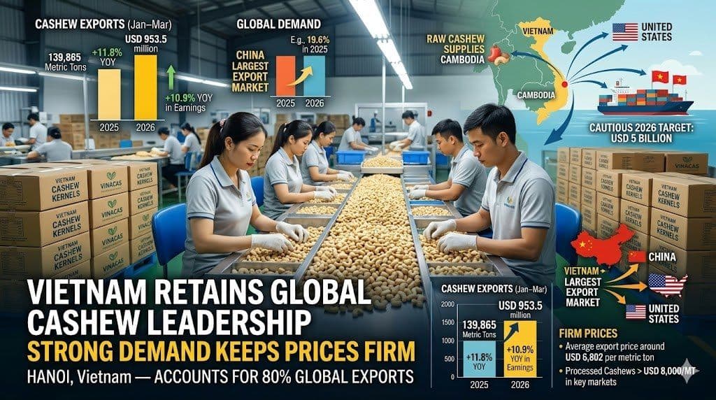 Vietnam Retains Global Cashew Leadership as Strong Demand Keeps Prices Firm